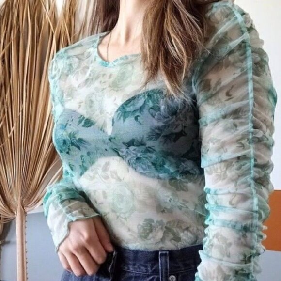 Zara Tops - Zara Mesh Top S Green Floral Print Ruched Long Sleeve Sheer Trendy